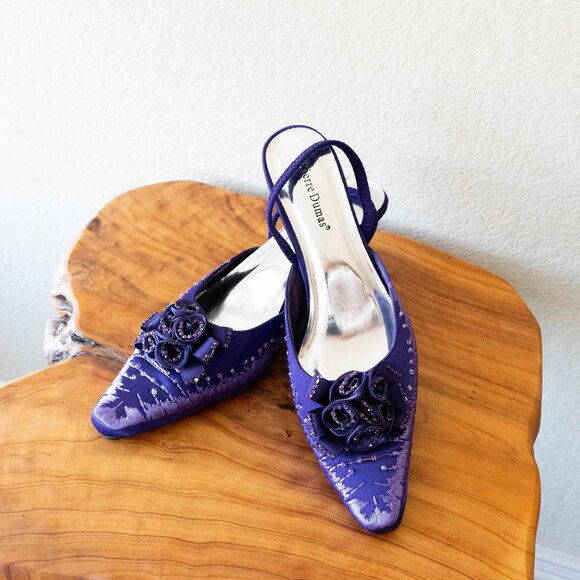 Pierre Dumas Purple Slingback Kitten Heels Size 11 Beaded Floral Cocktail Shoes - Picture 2 of 9